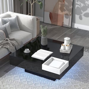 Modern 31.5 in. Black Square Wood Coffee Table with Detachable Tray and Plug-in 16-color LED Strip Lights Remote Control