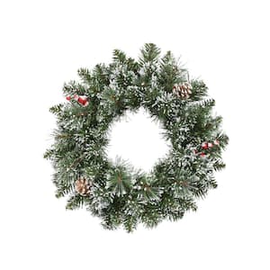 18 in. Artificial Christmas Wreath with Snow Cashmere Mix Pine 72-Tips and Pinecones and Berry