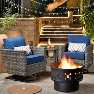 Hanes Gray 4-Piece Wicker Patio Fire Pit Swivel Seating Set with CushionGuard Navy Blue Cushions