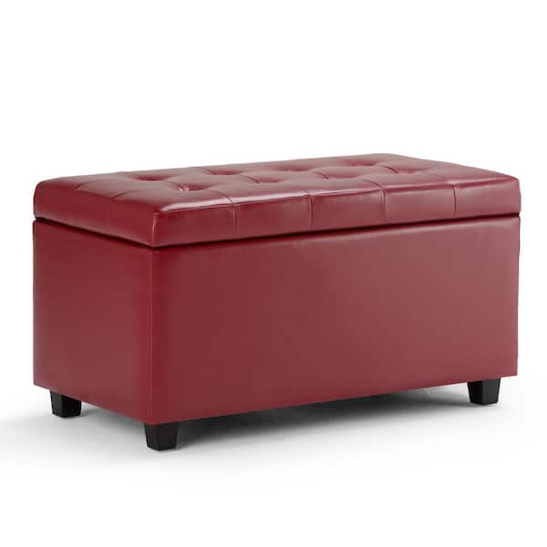 Simpli Home Cosmopolitan 34 in. Wide Transitional Rectangle Storage Ottoman in Red Faux Leather