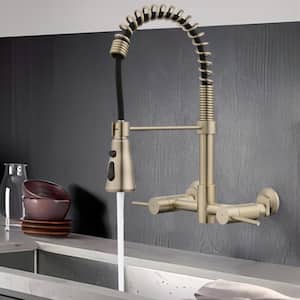 Double Handle Wall Mounted Pull Down Sprayer Kitchen Faucet with 3 Modes in Brushed Gold