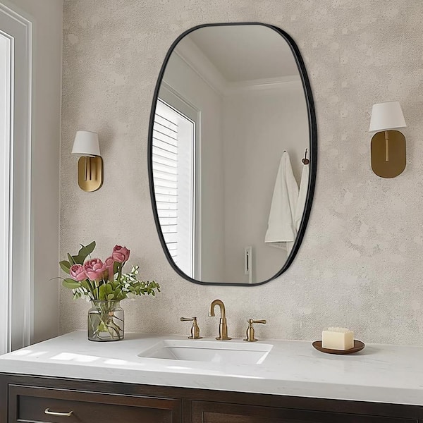 Sxiawe 20 in. W x 30 in. H Black Oval Wall Mounted Aluminum Alloy Bathroom Mirror Decorative Mirror