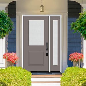 Legacy 53 in. x 80 in. 1/2 Lite Rain Glass RHOS Primed Kindling Finish Fiberglass Prehung Front Door w/14 in. SL