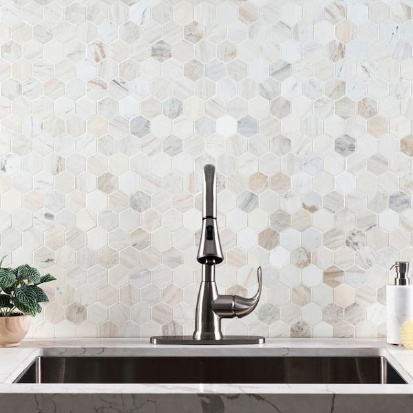 Angora 2 in.Hexagon 12 in. x 12 in. x 0.38 in.Polished Marble Mesh-Mounted Mosaic Floor and Wall Tile (9.8 sq. ft./Case)