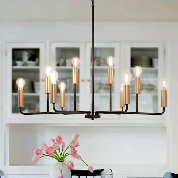Modern Transitional 39.8 in. 10-Light Candlestick Black Chandelier, Large Dark Gold Chandelier Lighting for Living Room