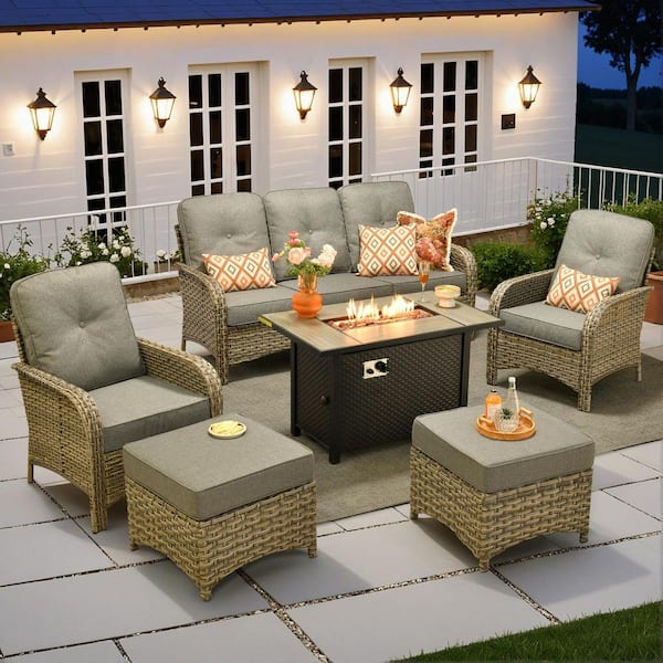 Beverly Gray 6-Piece Wicker Outdoor Patio Conversation Sofa Set with Metal Fire Pit and Dark Gray Cushions