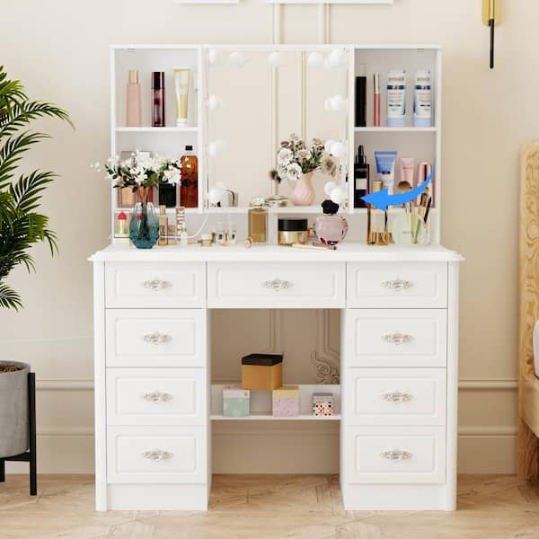 Small Vanity Desk For Girls With LED Lights & 3 Drawers - Compact Makeup Table For Bedroom, No Mirror, White & Gold