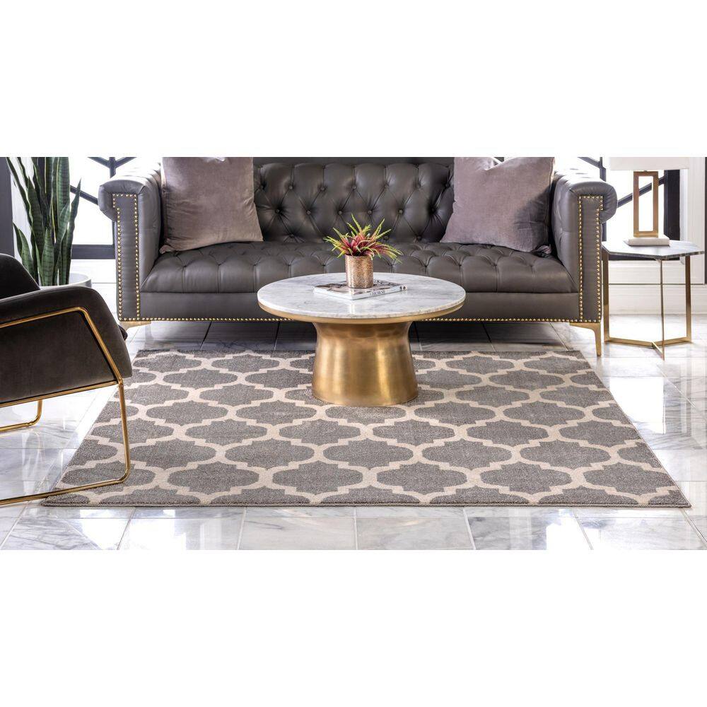 Elegant Dark Grey Trellis Square Washable Rug