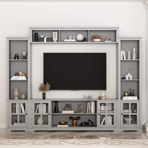 Gray Wood TV Stand Fits TV's up to 75 in. with Top Open Shelves, Bookcase and Tempered Glass Door Cabinet