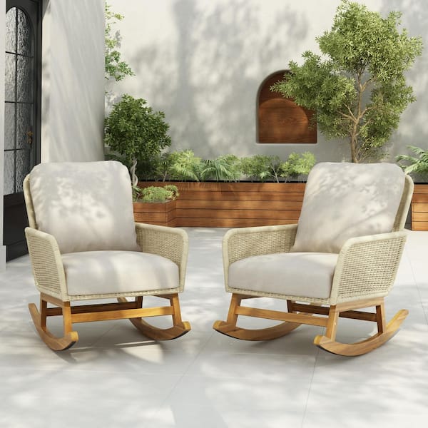 Unbranded Modern Wood Frame Outdoor Rocking Chair with 3.94 in. Beige Soft Polyester Cushion (Set of 2)