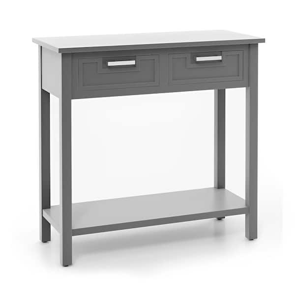 Bunpeony Gray Wood 31.5 in. Kitchen Island Narrow Console Table with Drawers and Open Storage Shelf