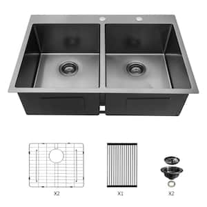 33 in. Drop in Double Bowl 16=Gauge Gunmetal Black Stainless Steel Kitchen Sink with Grids, Strainer, Drying Rack