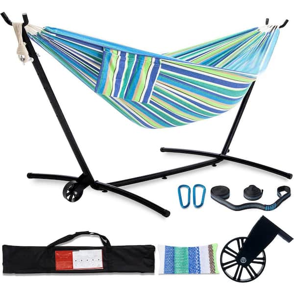 Unbranded 9 ft. XXL Hammocks with Stand 2-3 Person, with 2 x Sidebags And Pillow And Tree Straps And Carabiner in Blue