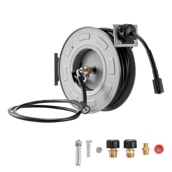 Retractable Pressure Washer Hose Reel, 65 ft. x 1/4 in. Steel, 3200 PSI, Auto-Rewind, Wall/Floor Mount for Car, Garden