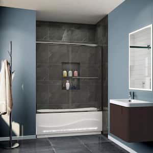 60 in. W x 62 in. H Sliding Semi Frameless Tub Door in Brushed Nickel Finish with Clear Glass