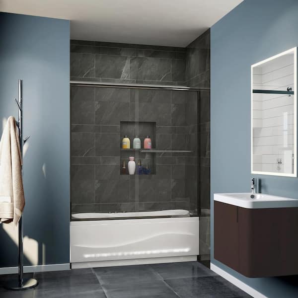 FORCLOVER 60 in. W x 62 in. H Sliding Semi Frameless Tub Door in Brushed Nickel Finish with Clear Glass