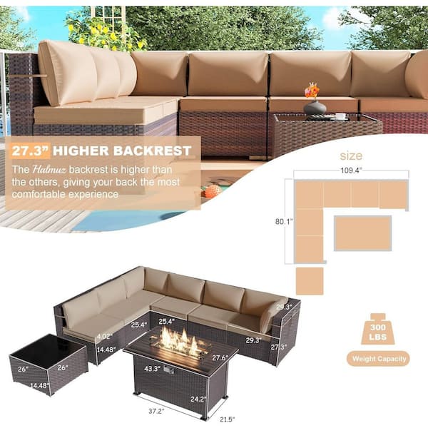 8-Piece Wicker Patio Conversation Set with 55000 BTU Gas Fire Pit Table and Glass Coffee Table and Sand Cushions