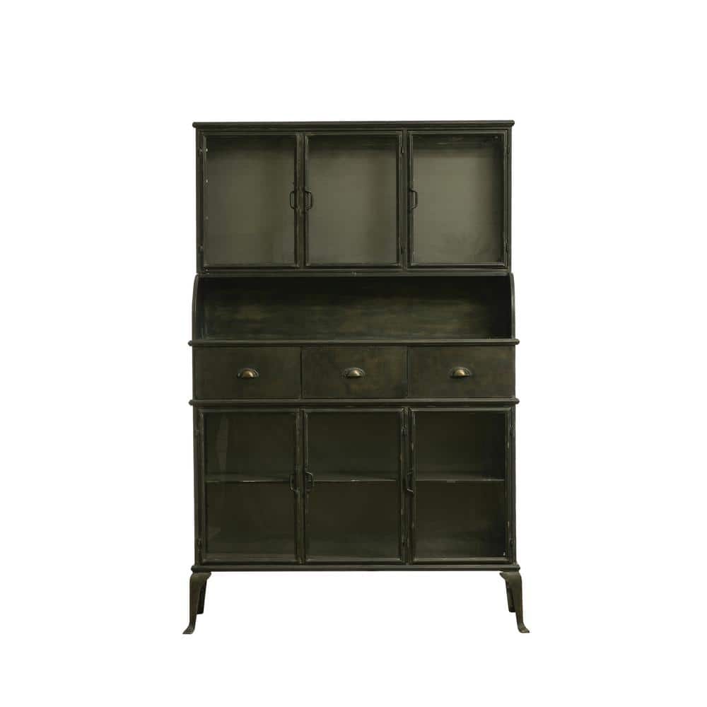 Storied Home Metal Storage Cabinet Black: Elegant Glass Doors, Geometric Hutch Design, Durable Iron Frame