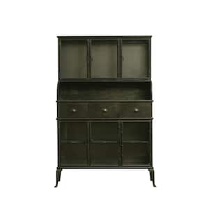 Antique Black Metal Storage Cabinet with 6 Glass Doors, 3 Drawers and Shelves