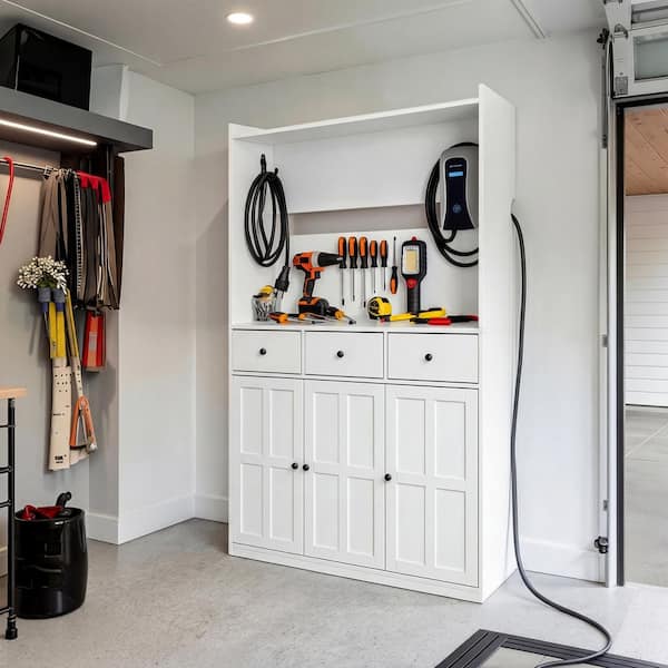 74.2 in. Tall White Wood 2-Shelf Standard Bookcase with Garage Cabinet, Accent Storage Cabinet, Workshop Cabinet