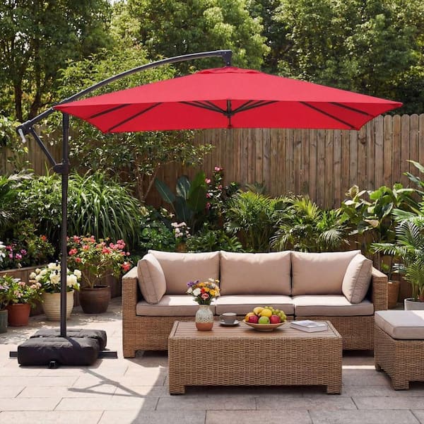 8 ft offset patio umbrella Clihome 8 x 8 ft. Offset Cantilever Hanging Patio Umbrella in Red, 360° Rotation with Crank System, Sandbag Base Included