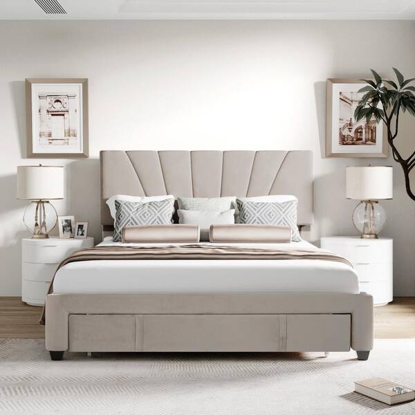 beige bed frame with storage