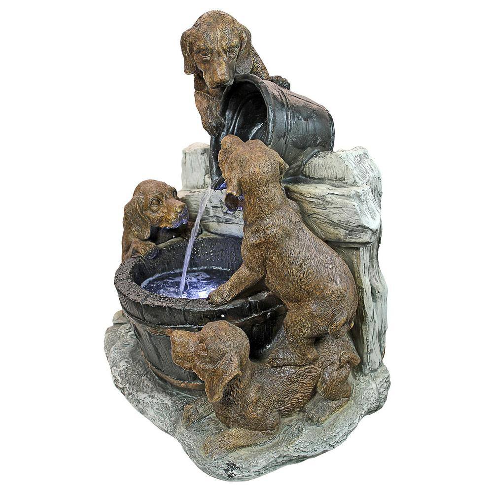 Solar Powered Resin Puppy Pail Pour Garden Fountain with LED Lights