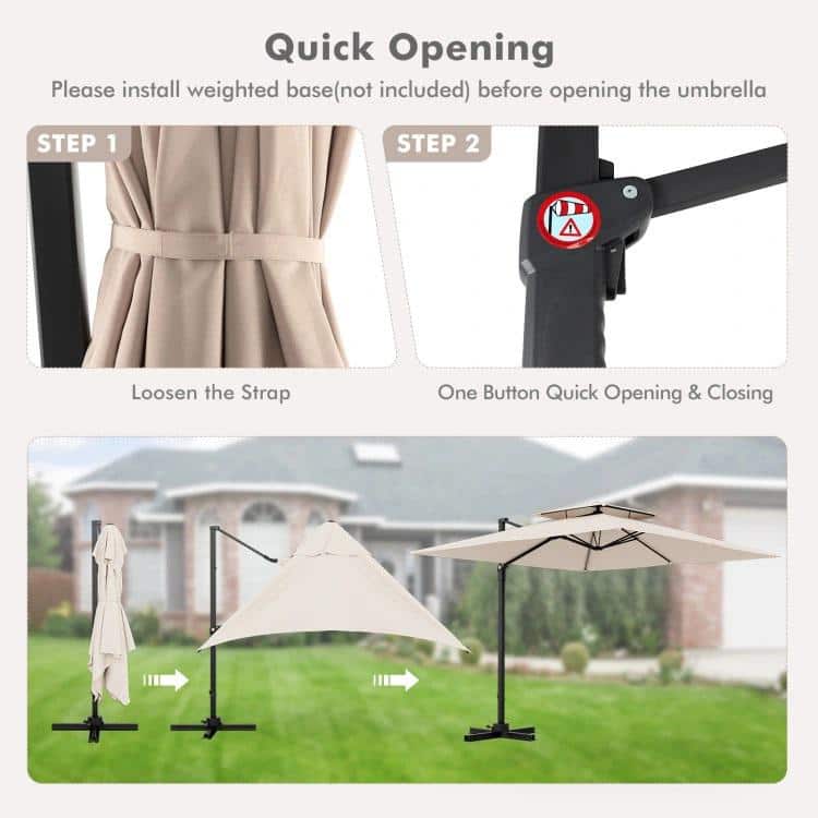 Beige 9.5FT Cantilever Patio Umbrella with 360° Rotation and Double Vented Top