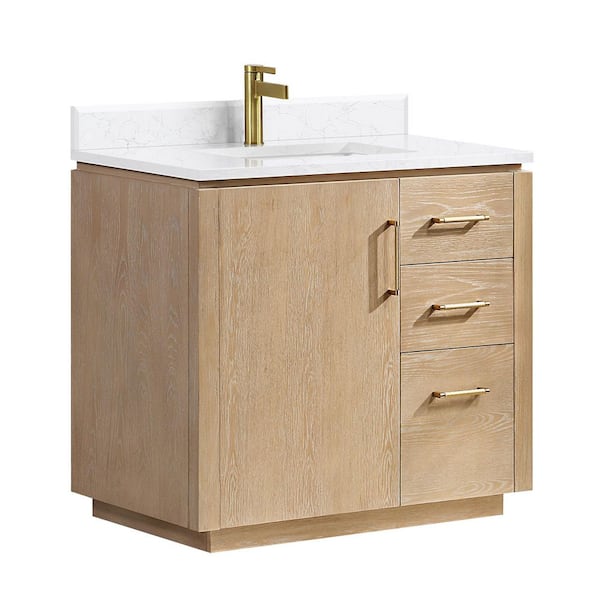 San 36 in.W x 22 in.D x 33.8 in.H Single Sink Bath Vanity in Washed Ash Grey with White Composite Stone Top