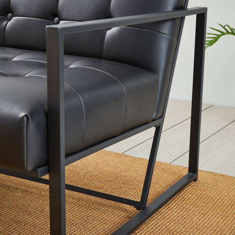 Modern Black Faux Leather Barrel Accent Chair with Metal Frame