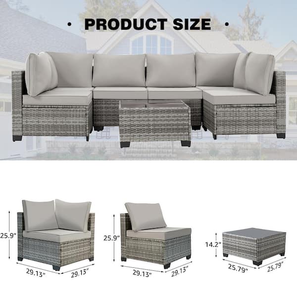 Gray Wicker 7 Piece Modular Outdoor Sectional Patio Furniture Conversation Set w Gray Cushions 6 Chairs 1 Coffee Table