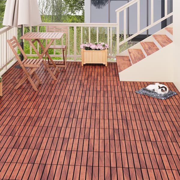 YOFE 1 ft. x 1 ft. Acacia Wood Interlocking Deck Tiles in Brown, Indoor Outdoor Striped Pattern Floor Tiles (10 per Case)