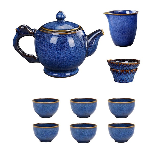 Porcelain Chinese Gongfu Tea Set 9-Piece Set Blue Glaze Gold Rim Ceramic Teapot Gift Box for Tea Lovers