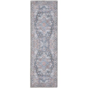 57 Grand Machine Washable Light Blue Multi 2 ft. x 8 ft. Floral Traditional Kitchen Runner Area Rug