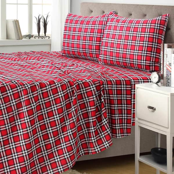 Harper Lane Cady plaid 4-Piece Red Microfiber Sheet Set King