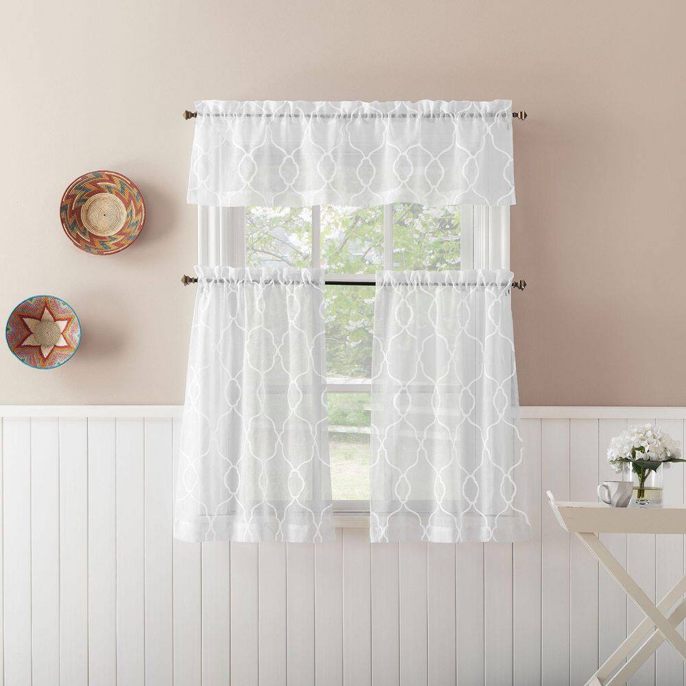 White Embroidered Trellis Light Filtering Kitchen Curtain Set