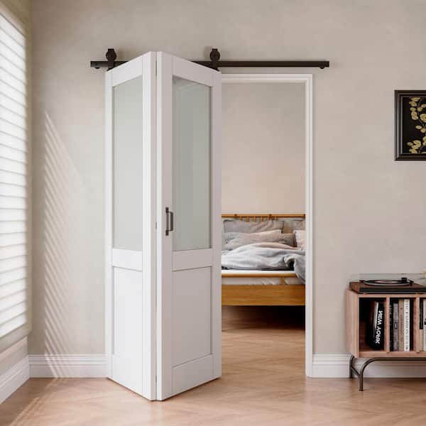 ARK DESIGN 56 in. x 80 in. 1/2 Lite Tempered Frosted Glass White Primed Bifold Sliding Barn Door with Hardware Kit