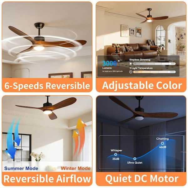 60 in. Modern Downrod Mount Ceiling Fan with LED Light, Remote Control, DC Motor, 6-Speed, 2 Rods, Reversible Blades