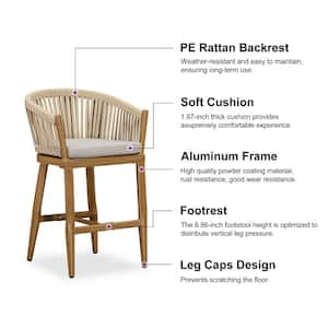 Modern Aluminum PE Rattan Counter Height Outdoor Bar Stool with Back and Beige Cushion (2-Pack)