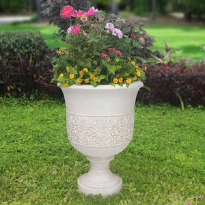 28 in. H Light Aged White Cast Stone Fiberglass Veranda Urn Planter