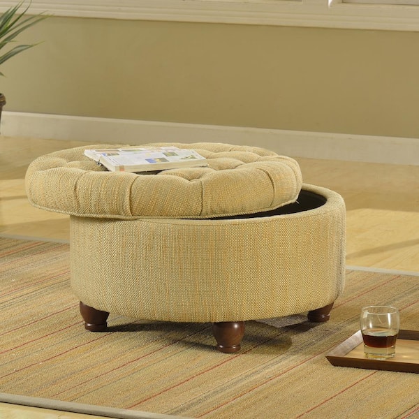 Tan and Cream Tweed Round Button Tufted Storage Ottoman