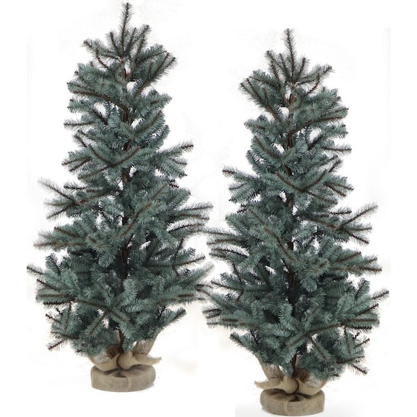Christmas Time 4 ft. Yardville Pine Artificial Christmas Porch Tree with Rustic Burlap Base (Set of 2)