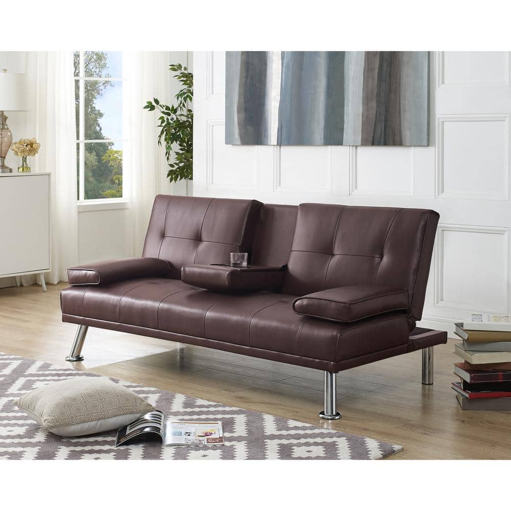 HOMESTOCK Espresso, Futon Sofa Bed Faux Leather Futon Couch with Armrest 2-Cupholders,  Sofa Bed Couch Convertible with Metal Legs 99725 The Home Depot