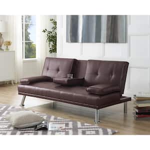 Espresso, Futon Sofa Bed Faux Leather Futon Couch with Armrest 2-Cupholders, Sofa Bed Couch Convertible with Metal Legs