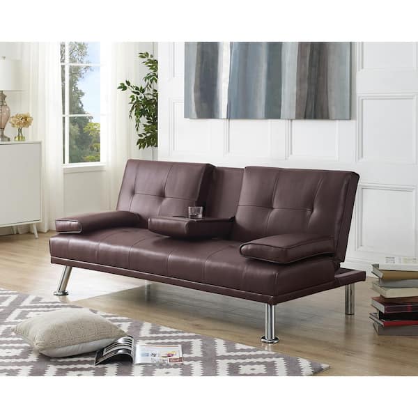 HOMESTOCK Espresso, Futon Sofa Bed Faux Leather Futon Couch with Armrest 2-Cupholders, Sofa Bed Couch Convertible with Metal Legs