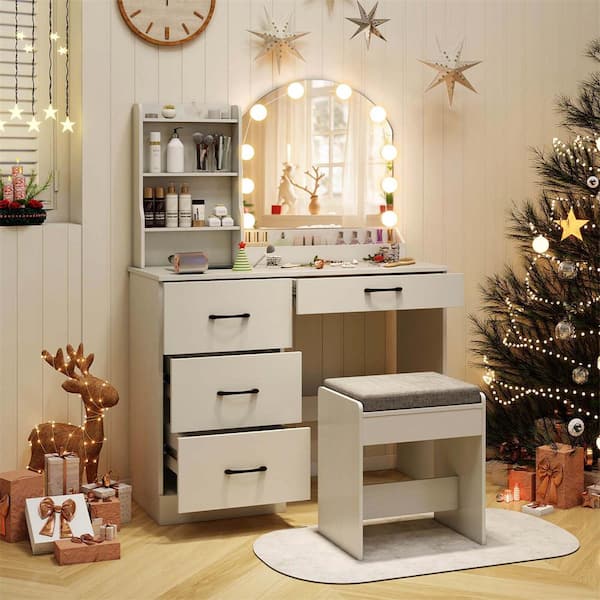 2-Piece White Makeup Vanity Set with Mirror and Lights with 3-Color Lighting and Adjustable Brightness