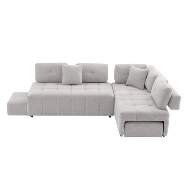 Polibi 91.73 in. W Rectangle Armless Chenille Upholstered L Shaped Sectional Sofa in Light Gray w/2-Stools and 2-Lumbar Pillows