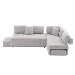 91.73 in. W Rectangle Armless Chenille Upholstered L Shaped Sectional Sofa in Light Gray w/2-Stools and 2-Lumbar Pillows