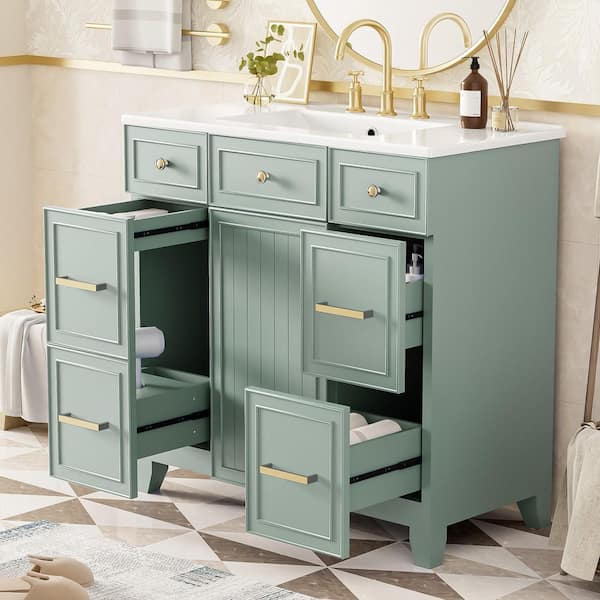 36 in. W x 18 in. D x 34 in. H Freestanding Bath Vanity in Green with White Ceramic Top Single Basin Sink