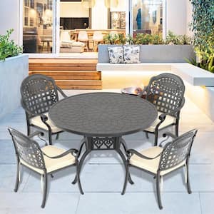 Black 5-Piece Cast Aluminum Outdoor Dining Set, Patio Furniture with 47.24 in. Round Table and Random Color Cushions